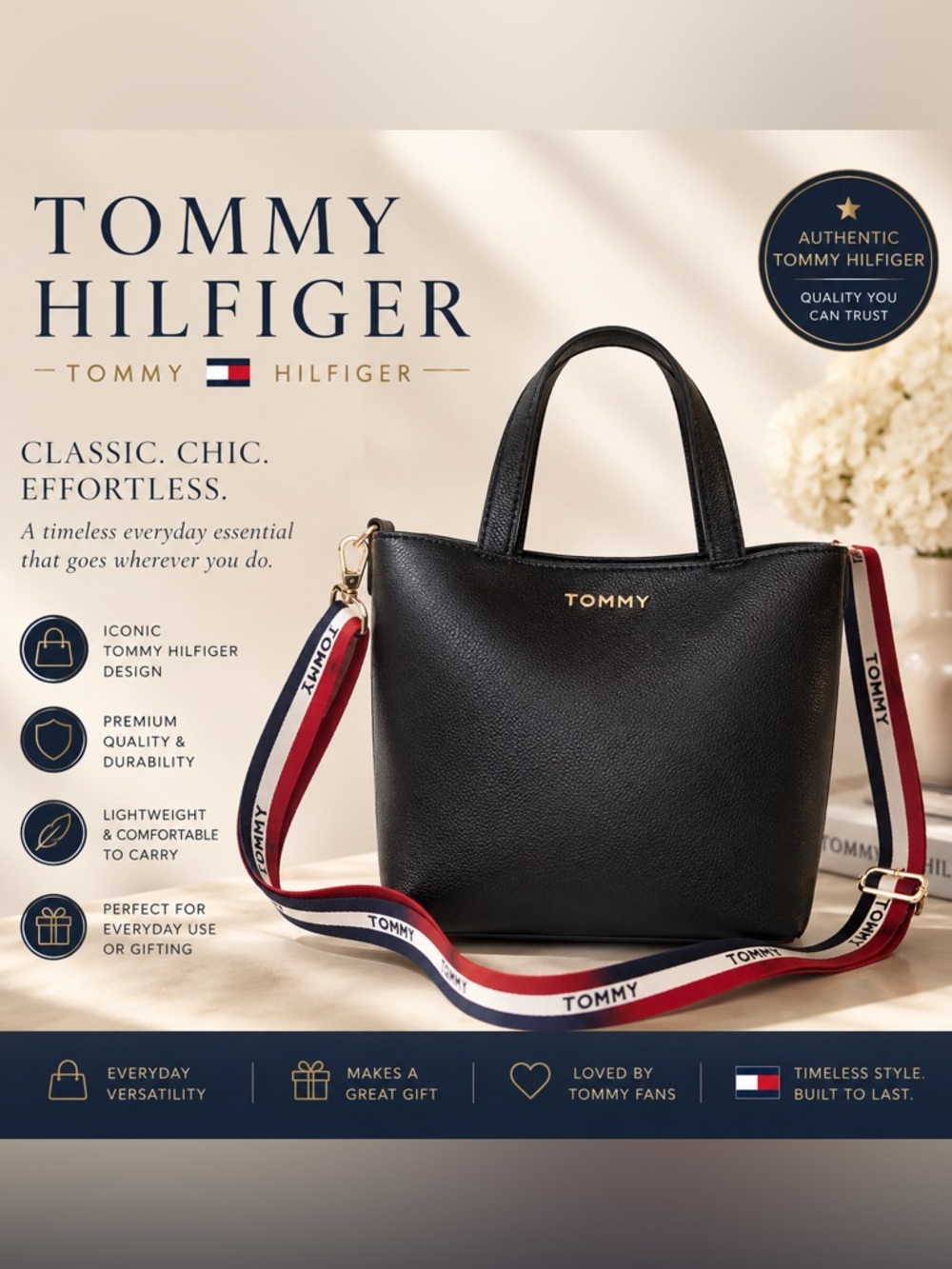 Tommy Hilfiger Black Tote with Red and White Strap
